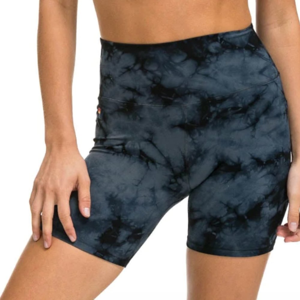 AVIATOR NATION  - SIZE S- HAND DYED 6 INCH HI-RISE BIKER SHORT - TIE DYE SMOKE